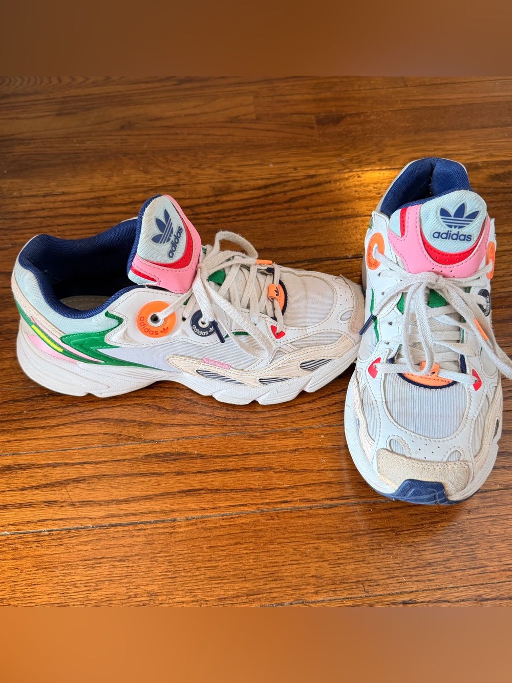 adidas White Sneakers with Pink, Green, Orange & Navy Accents